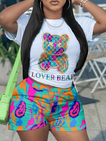 Conjunto informal de camiseta y pantalones cortos de manga corta para mujer, blusa y pantalones con estampado de dibujos animados y cuello redondo, conjunto de dos piezas para oficina