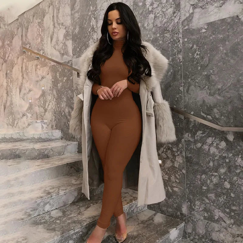 Winter Warm Women Jumpsuit Autumn New Fashion Turtleneck Long Sleeve High Waist Pants Elegant Office Lady Bodycon Romper