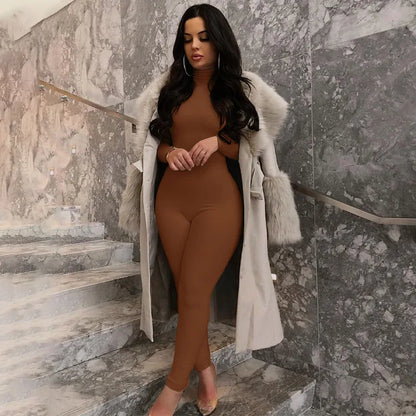 Winter Warm Women Jumpsuit Autumn New Fashion Turtleneck Long Sleeve High Waist Pants Elegant Office Lady Bodycon Romper
