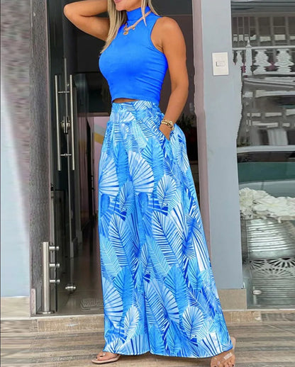 Ropa de verano para mujer. Conjunto de dos piezas con estampado de mujer, camiseta lisa sin mangas y pantalones anchos. Ropa de moda 2024.