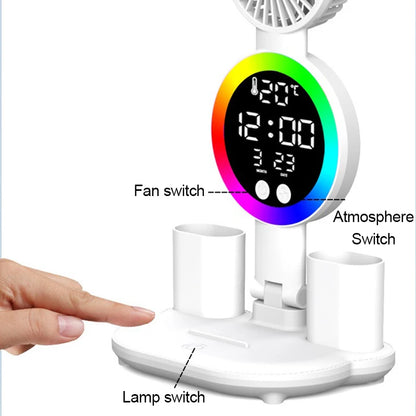 Lámpara de mesa LED recargable para estudio, lámpara de escritorio, luz de lectura, luz de noche LED con ventilador, pantalla de reloj LED, luz de escritorio de lectura
