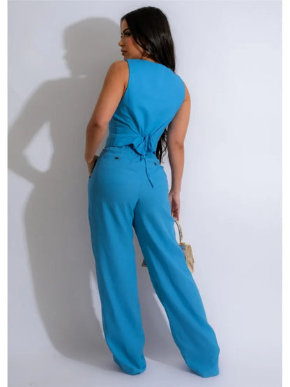 Women 2 Piece Set Sleeveless Vest and Skinny Pants Suit Solid Color V Neck Ultra Crop Top and Pants Office Lady