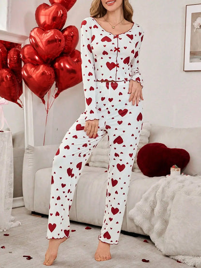 pijamas para mujer ropa de dormir estampado de corazón Tops de manga larga con pantalones largos conjunto de pantalones pijamas