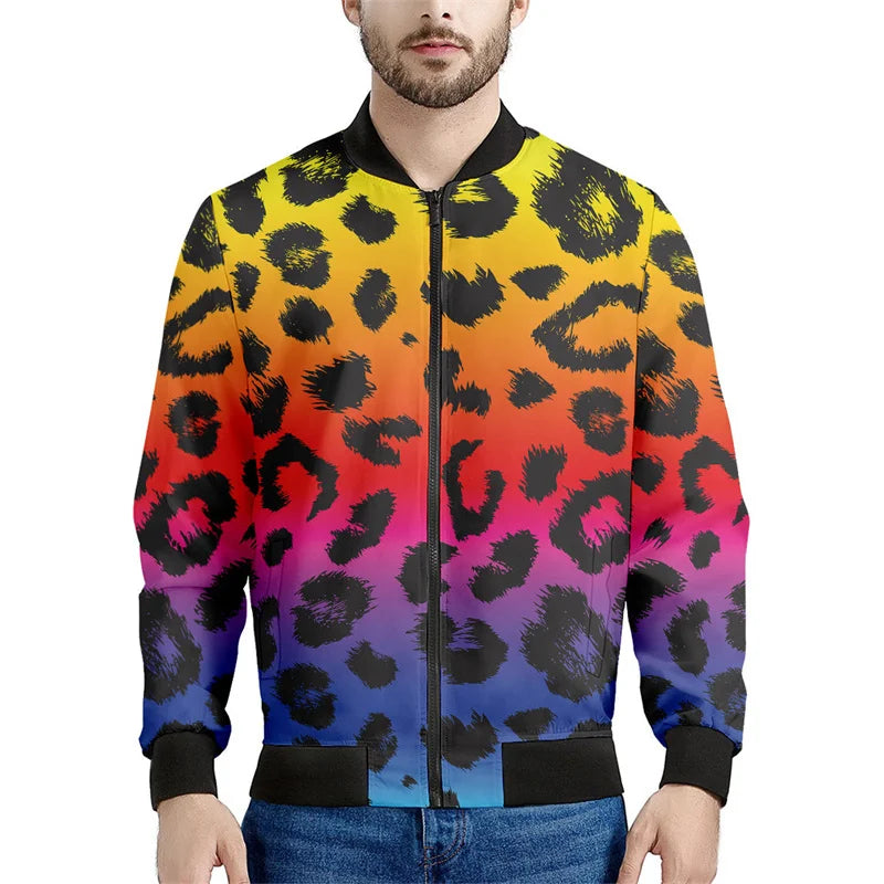 Chaqueta con cremallera y patrón de leopardo para hombre, sudadera de manga larga con estampadode personalidad, ropa de calle suelta informal, abrigo de moda
