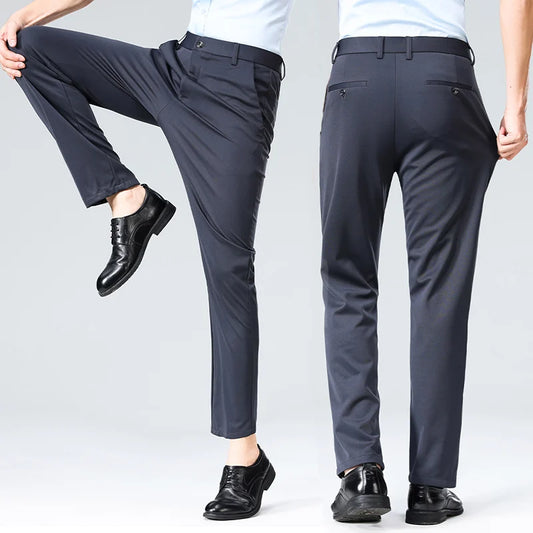 Pantalones de verano para hombre, pantalones casuales elásticos rectos finos sin rastro, sin tela para planchar, sensación sedosa y fresca