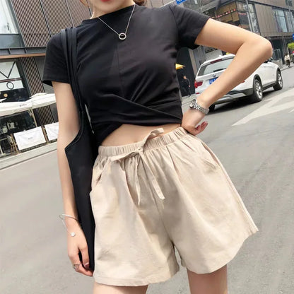 Pantalones cortos casuales de lino para mujer, pantalones cortos de entrenamiento para gimnasio, pantalones cortos de algodón, pantalones cortos negros de cintura alta para mujer, pantalones cortos deportivos para mujer