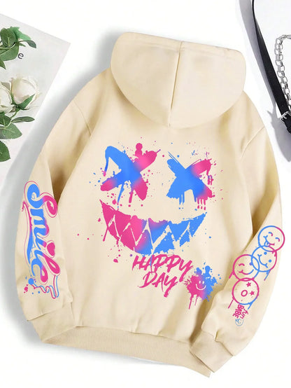 sudadera unisex con capucha transpirable y cómoda con estampado de cara sonriente personalizada de otoño para hombre, sudadera con capucha de moda urbana para exteriores