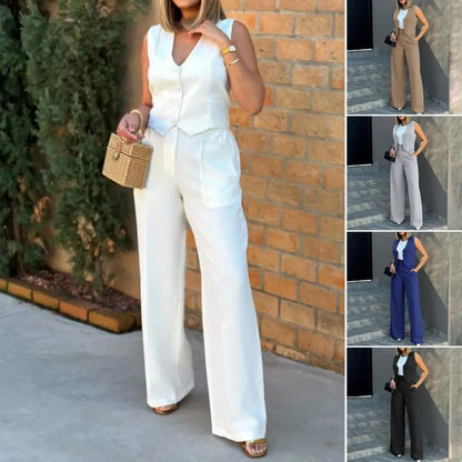 Elegant women's loose pants set with sleeveless vest, high waist wide leg pants for women in fashionable solid color