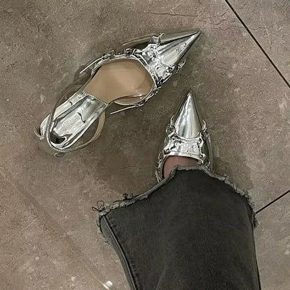 Sandalias de tacón alto plateadas para mujer, zapatos de fiesta Punk Goth con punta estrecha