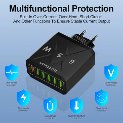 65W 6 Port USB Charger QC3.0 Quick Charge Travel Charger for iPhone 14 Samsung Xiaomi Mobile Phone Adapter EU KR US UK Plug