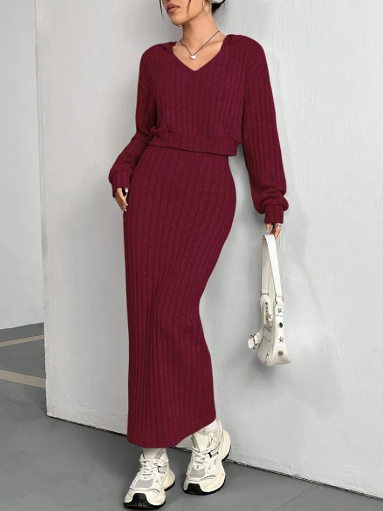 Conjunto de 2 uds. De vestido rojo holgado de punto para mujer