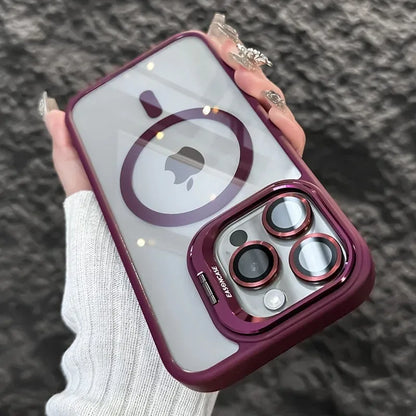 Funda magnética de lujo a prueba de golpes para iPhone 15, 14, 13, 12, 11, 16 Pro Max, 16 Plus, 16E, con soporte y protección de lente de cristal