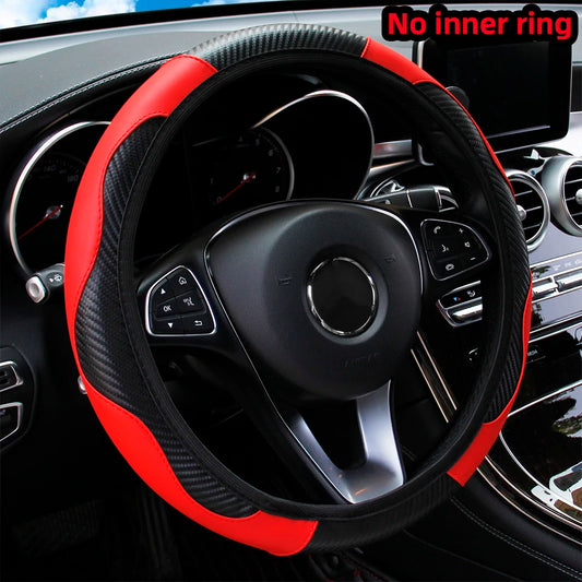 Funda para volante de coche de cuero de fibra de carbono PU sin anillo interior, apta para accesorios de automoción de 14,5 a 15 pulgadas