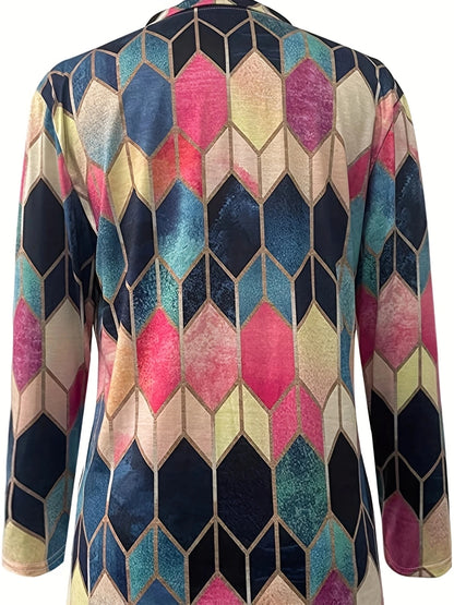 Stylish women's zip-up polo shirt: geometric design, stretchy and durable, versatile office wear