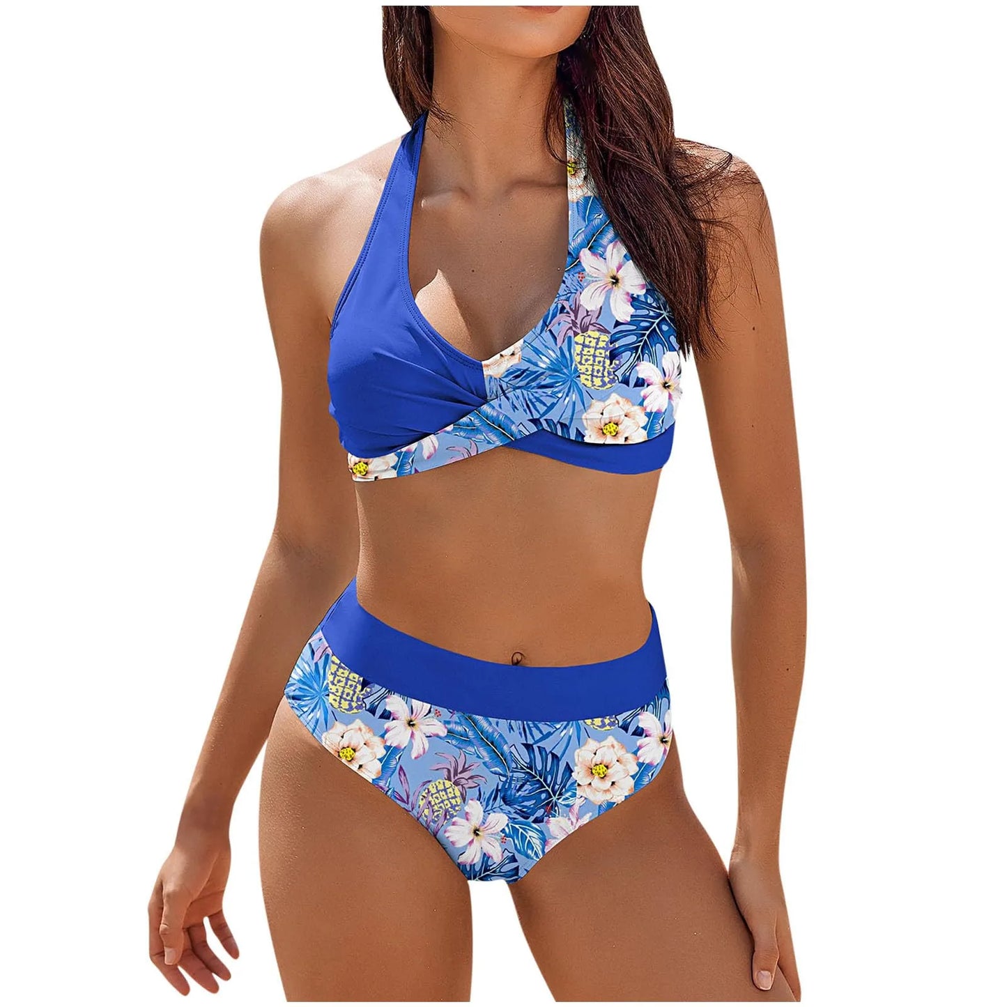 Bikini de playa con estampado floral y bloques de color para mujer, traje de baño de cintura alta de dos piezas para adolescentes