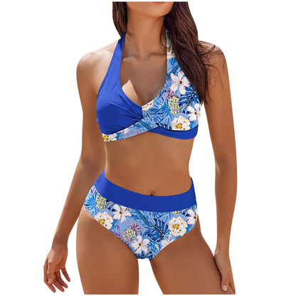 Bikini de playa con estampado floral y bloques de color para mujer, traje de baño de cintura alta de dos piezas para adolescentes