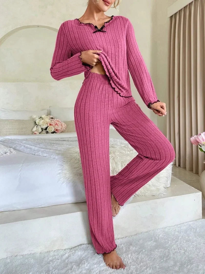 Conjunto de pijamas acanalados para mujer, ropa de dormir de otoño e invierno,