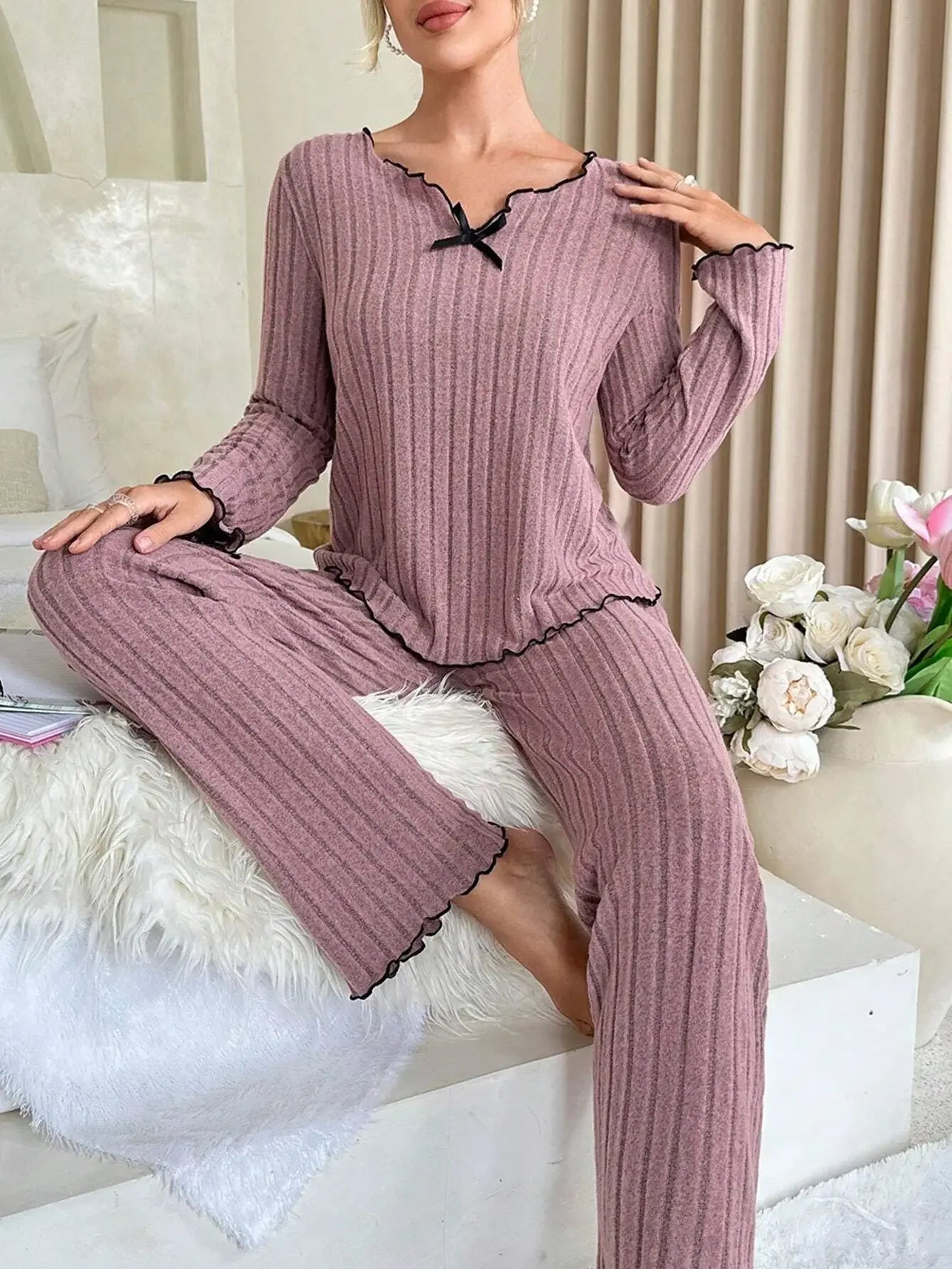 Conjunto de pijamas acanalados para mujer, ropa de dormir de otoño e invierno,