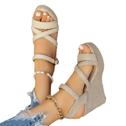 Sandalias romanas de algodón vaquero con tiras cruzadas para mujer, estilo verano, con suela gruesa y suela de goma,