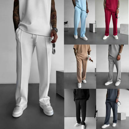 Pantalones casuales nuevos para hombre, elegantes y cómodos, con cintura elástica y cordón ajustable, de una sola línea, plisados, de color sólido, con bolsillos, pantalones de fregona