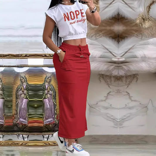 Conjunto de top corto con estampado de letras de verano y falda larga con dobladillo dividido para mujer, vestido de dos piezas con cordón y decoración de bolsillo, atuendos para damas de trabajo