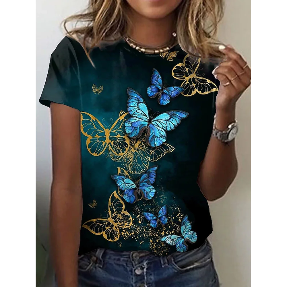 Camiseta con estampado de mariposa 3D y cuello redondo para mujer, camisetas de manga corta de verano a la moda, top de verano de gran tamaño, ropa femenina, novedad de 2024
