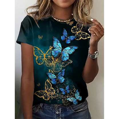 Camiseta con estampado de mariposa 3D y cuello redondo para mujer, camisetas de manga corta de verano a la moda, top de verano de gran tamaño, ropa femenina, novedad de 2024