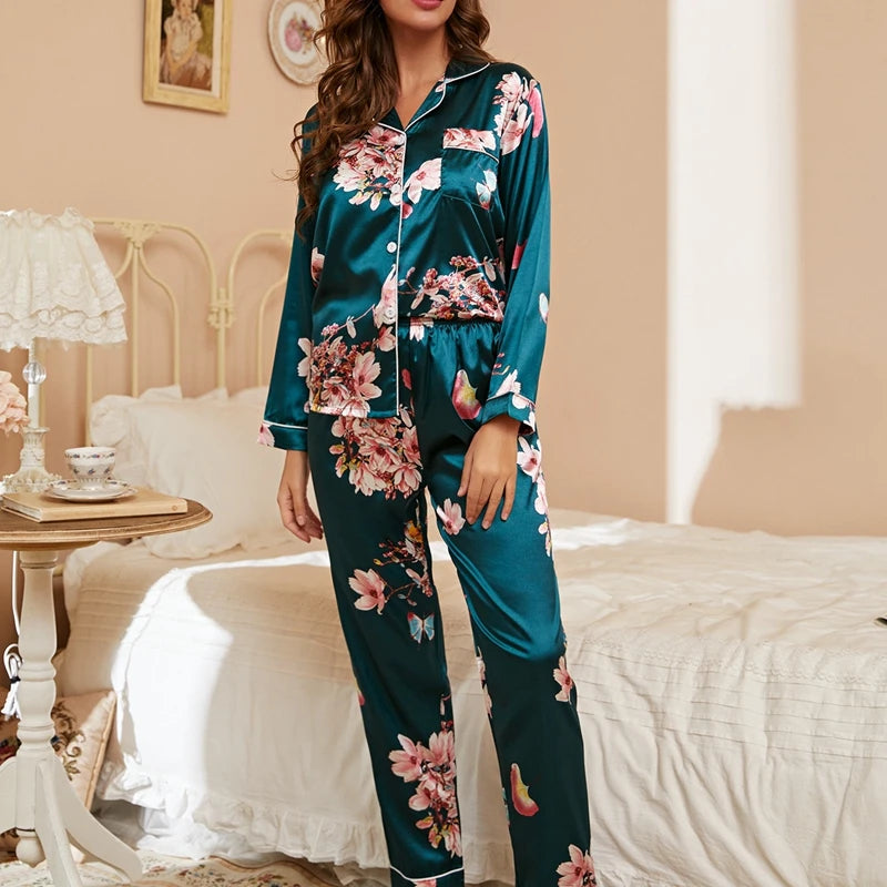Pijama de satén para mujer, ropa de dormir informal para el hogar, traje de otoño de manga larga con botones, Top y pantalones, ropa