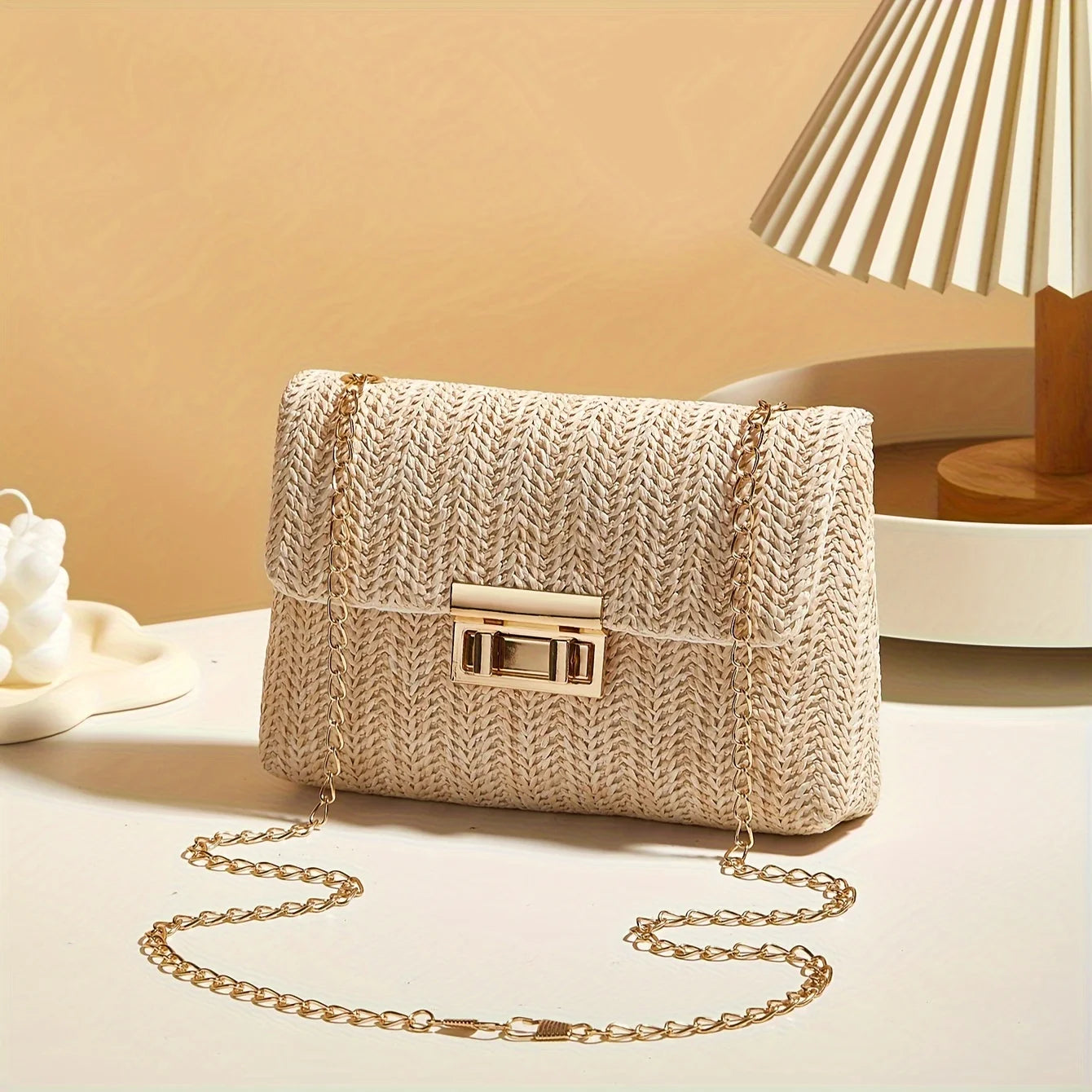 Bolso de hombro tejido a mano de paja para mujer, bolso cruzado de color sólido de moda con cierre de cerradura