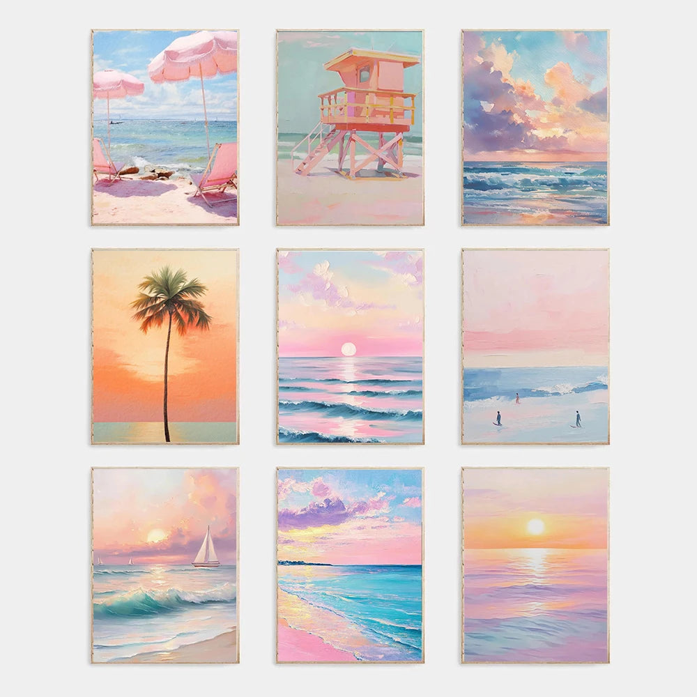 Azul rosa ondas playa atardecer palmeras océano paisaje arte cartel lienzo pintura al óleo Villa dormitorio pared del hogar decoración moderna