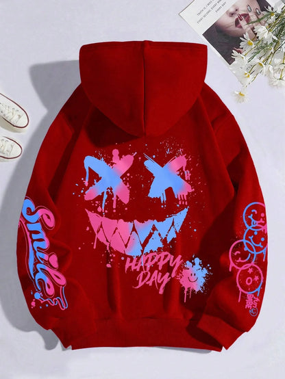 sudadera unisex con capucha transpirable y cómoda con estampado de cara sonriente personalizada de otoño para hombre, sudadera con capucha de moda urbana para exteriores
