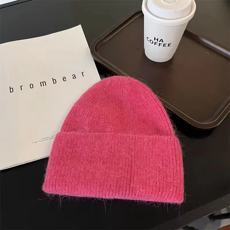 Gorro de punto de Angora para mujer, gorros de punto esponjosos de piel de conejo, gorro de lujo de Corea para mujer