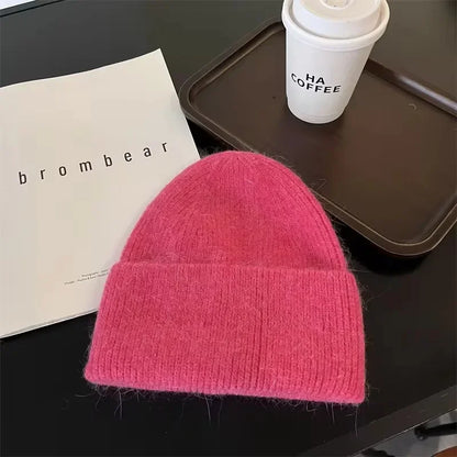 Gorro de punto de Angora para mujer, gorros de punto esponjosos de piel de conejo, gorro de lujo de Corea para mujer