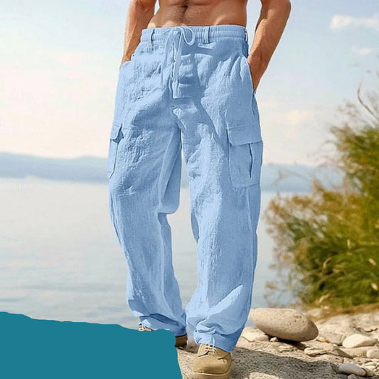 Pantalones de algodón y lino para hombres europeos y americanos, pantalones de trabajo con múltiples bolsillos, ropa deportiva recta holgada y pantalones casuales