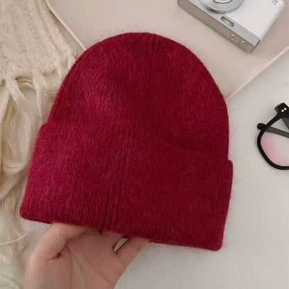Gorro de punto de Angora para mujer, gorros de punto esponjosos de piel de conejo, gorro de lujo de Corea para mujer