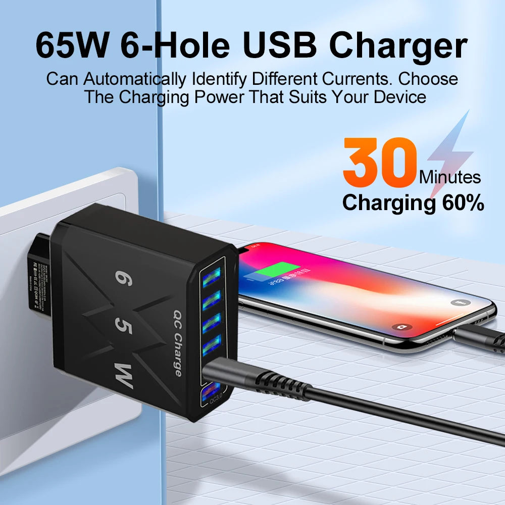 65W 6 Port USB Charger QC3.0 Quick Charge Travel Charger for iPhone 14 Samsung Xiaomi Mobile Phone Adapter EU KR US UK Plug