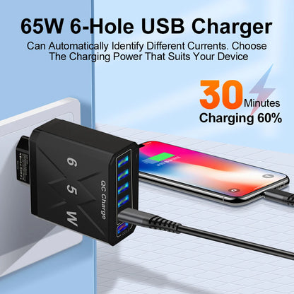 65W 6 Port USB Charger QC3.0 Quick Charge Travel Charger for iPhone 14 Samsung Xiaomi Mobile Phone Adapter EU KR US UK Plug