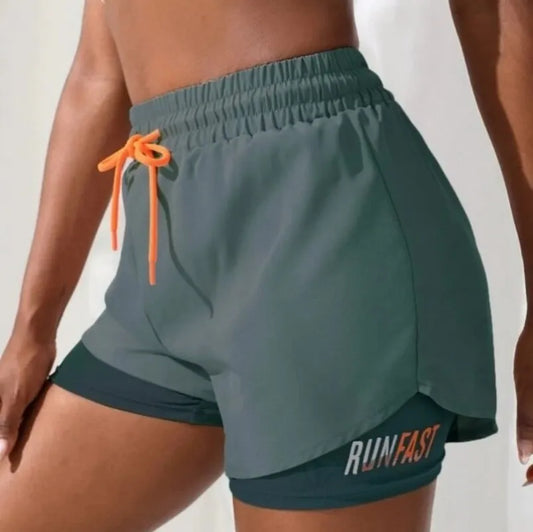 Women's High Waisted Yoga Shorts with Elastic Close-Fitting Control, Running Shorts, Fake Two-Piece Pants 