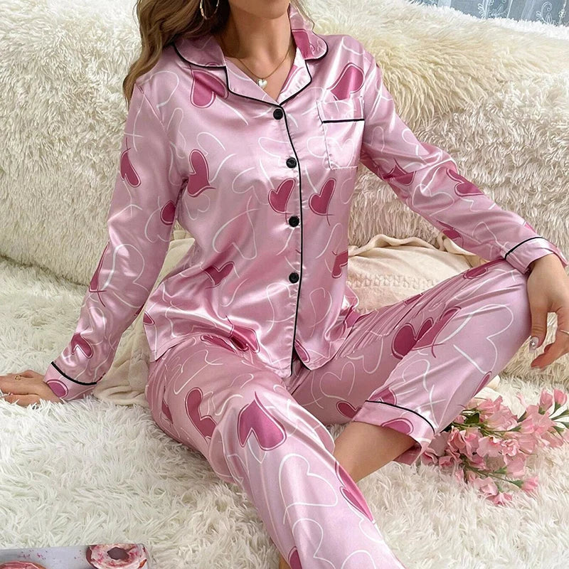 Pijama de satén para mujer, ropa de dormir informal para el hogar, traje de otoño de manga larga con botones, Top y pantalones, ropa