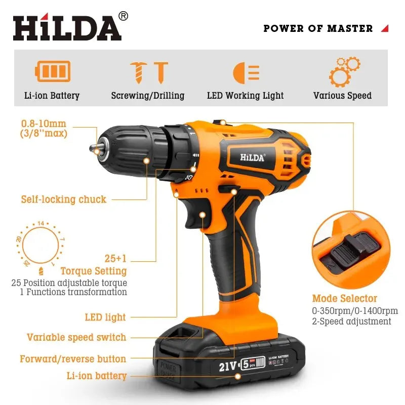 HILDA Perceuse sans fil 12 V 16,8 V 21 V Tournevis électrique Mini tournevis électrique Batterie lithium-ion CC Outils électriques