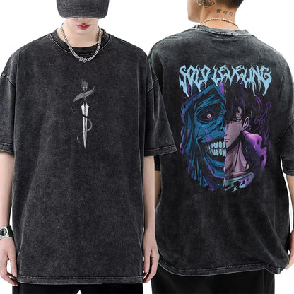 Camiseta con estampado de Anime Solo Leveling Sung Jinwoo para hombre y mujer, camisetas vintage de algodón lavado, camiseta informal holgada para hombre