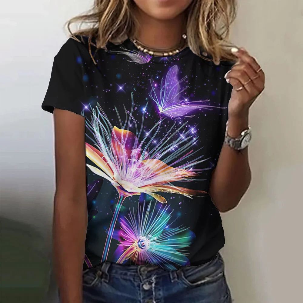Camiseta con estampado de mariposa 3D y cuello redondo para mujer, camisetas de manga corta de verano a la moda, top de verano de gran tamaño, ropa femenina, novedad de 2024