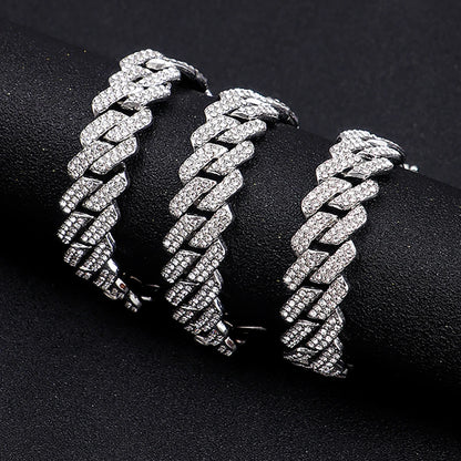 Collar de cadena de eslabones cubanos de 15 mm con diamantes de imitación brillantes de estilo para hombre y mujer, joyería punk de color plateado con cadena cubana, regalo