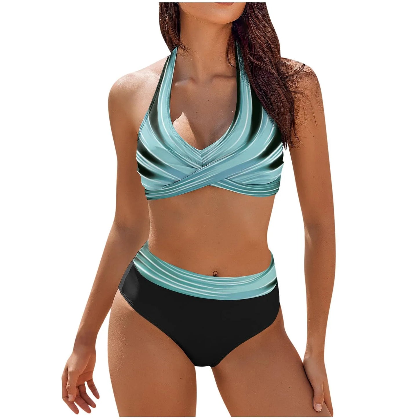 Bikini de playa con estampado floral y bloques de color para mujer, traje de baño de cintura alta de dos piezas para adolescentes