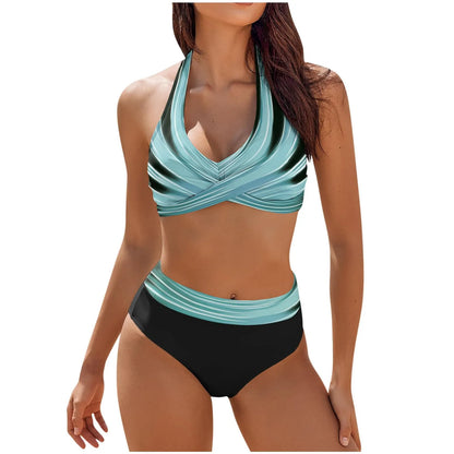 Bikini de playa con estampado floral y bloques de color para mujer, traje de baño de cintura alta de dos piezas para adolescentes