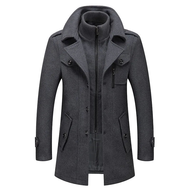 Abrigo de lana con doble cuello para hombre, moda de invierno, grueso, informal, de negocios, dobladillo recto, diseño Simple, sin cinturón, bolsillo lateral