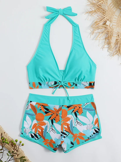 Conjunto de bikini estilo halter 2025, traje de baño corto de cintura alta para mujer, bañador estampado para mujer, traje de baño para playa