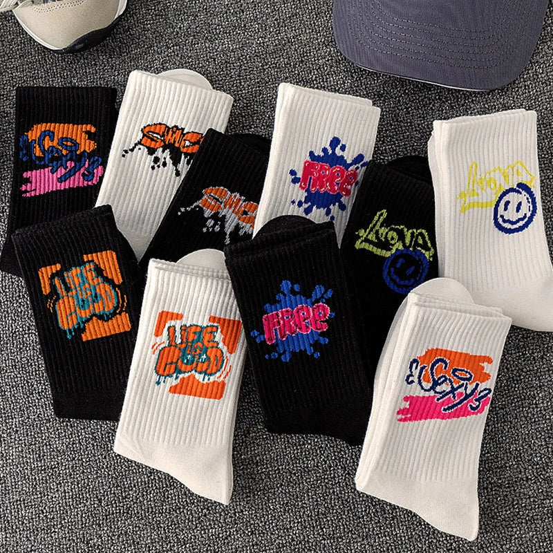 10 piezas calcetines deportivos de alta calidad para parejas a la moda con patrones de grafiti calcetines suaves y cómodos de gran tamaño para hombres