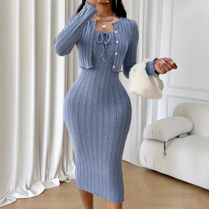 Conjunto de vestido de punto de estilo francés ajustado para mujer, traje informal de longitud media