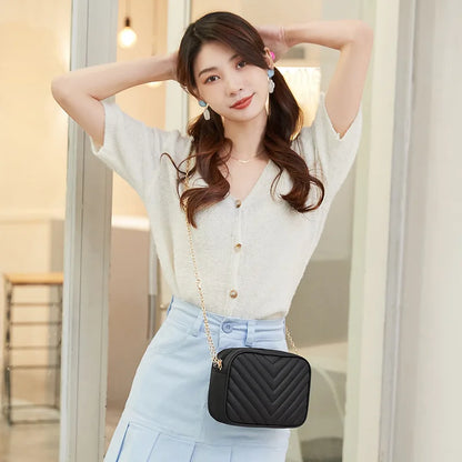 New Korean Versatile Bag Fashion Casual Chain Shoulder Bag Thread Embroidery V Camera Crossbody Bags for Women